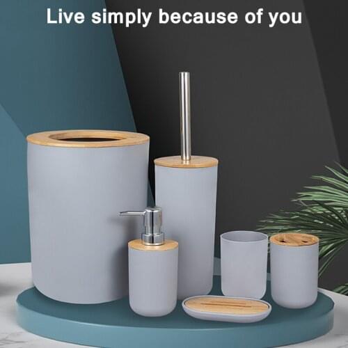 6Pcs Bathroom Accessories Set Bamboo Wood Toothbrush Holder Soap Box Toilet Brush Household Bathroom Trash Can Soap Dispenser