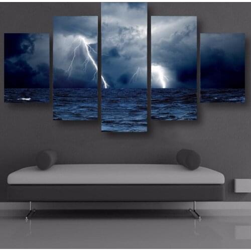 Painting Poster Wall Art Living Room Printed Pictures 5 Panel Sea Waves Storm Lightning Ocean Modern HD Frame Home Decor Canvas
