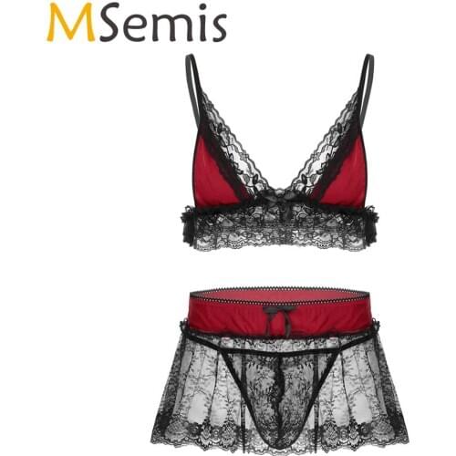 MSemis Gay Sexy Sissy Lingerie Set Men Gay Nightwear Erotic Lace Lace Sleepwear Crop Top Mini Skirt with G-string Underwear