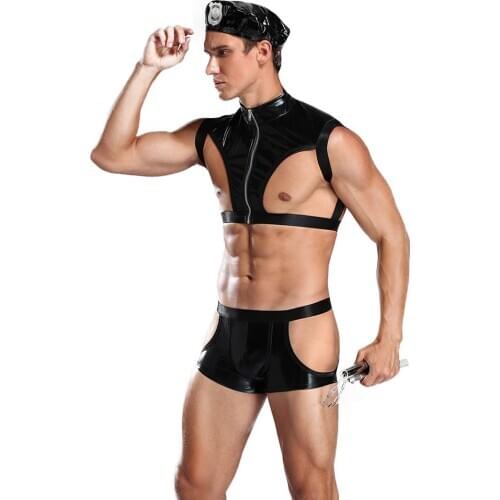 Sexy Mens Hollow Out Policeman Cosplay Suit Cop Costumes Lingerie Set Tshirt Top and Shorts Cap Set Gay Exotic Dancewear
