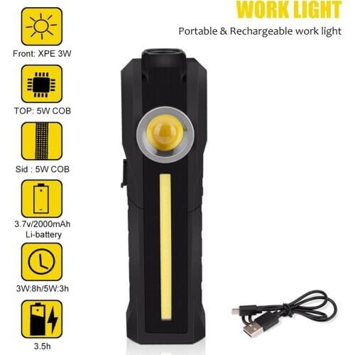USB Charging Work Light XPE+COB Yellow Light+COB White Light Torch for Camping/Household Disinfection Flashlight Portable Lanter