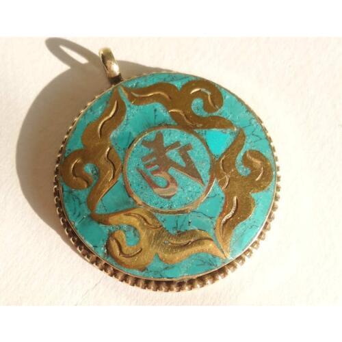 TBP153 Tibetan OM Amulet Pendant White Metal Copper Inlay Stone