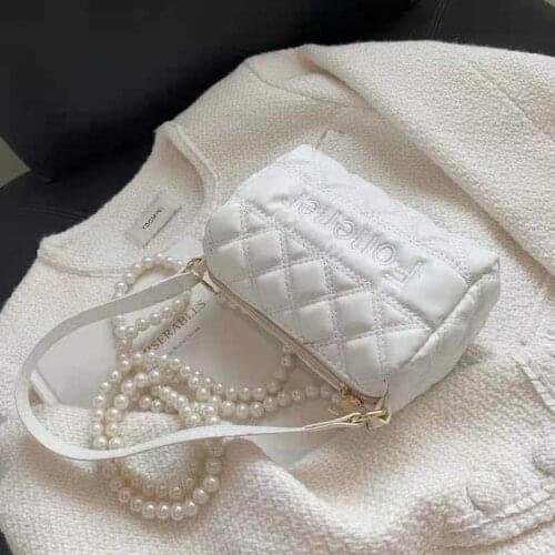 Lozenge Baguette Shoulder Bags For Women Mini Square Solid Color Pearl Chain 2021 Autumn New Designer All-Match Cross-Body Bags