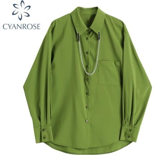 Autumn Green Blouse Women Vintage Oversize Turn-down Collar Long Sleeve Casual Loose Lady Shirts Cardigan Female Fashion Tops