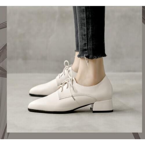 2021 Spring/Fall Womens Shoes Woman High Heels Soft LEATHER Asakuchi All-match Occupation Thick heel Lace