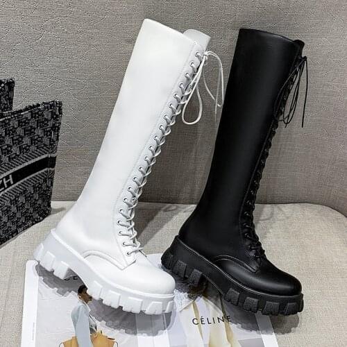 2021 New Women Platform Knee High Boots Fashion Cross Tied Long Winter Plush Warm Thicken Motorcycle Round Toe Botines De Mujer