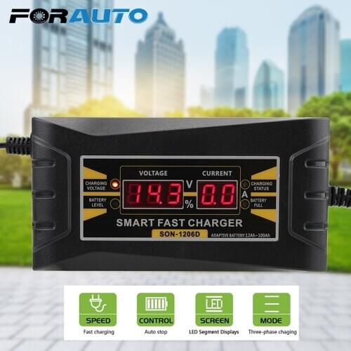 LCD Display US EU Plug Full Automatic Car Battery Charger Smart Fast Power Charging Lead Acid Battery-chargers 12V 6A 150V-250V