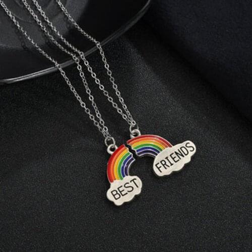 2 pieces/set womens stitching heart-shaped rainbow friendship couple necklace fashion best friend a pair of pendant gifts