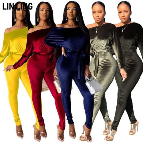 LINLING 2021 European and American Womens Velvet Elastic Shoulder Bat Sleeve Jumpsuit with Belt