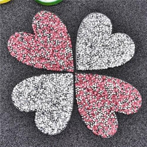 5Pcs/Lot Sparkling Pink Rhinestone Heart Iron on Patch Heat Transfer Design Crystal Applique for T-Shirt Clothing Decoration