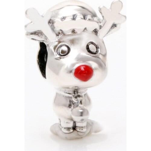 Bewill Genuine 925 Sterling Silver Christmas Red Nosed Reindeer Rudolph beads fit Original Charm Bracelet Jewelry