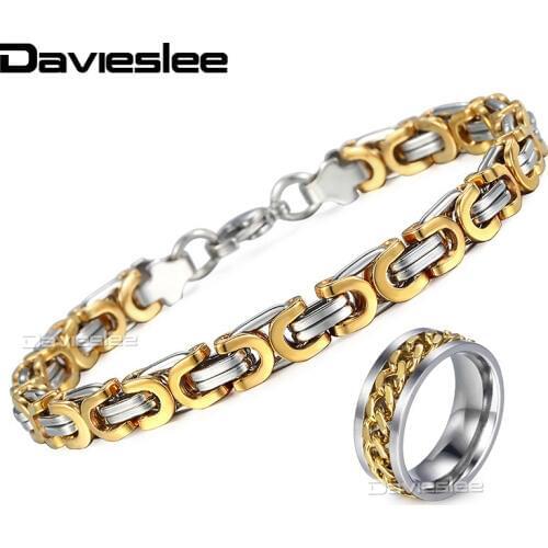 Bracelet Ring Jewelry Set for Men Stainless Steel Byzantine Link Chain Bracelet Male Ring Set Gold Silver Color DKB258KR144