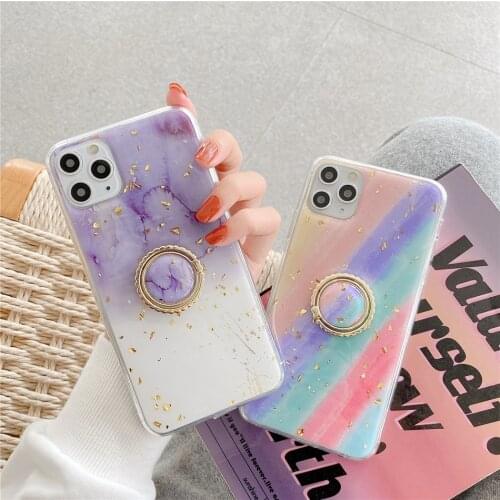 Gold Foil Glitter Rainbow Marble Phone Case For iPhone 11 12 Mini Pro XS Max XR X 7 8 Plus SE 2020 Back Cover Ring Holder Stand