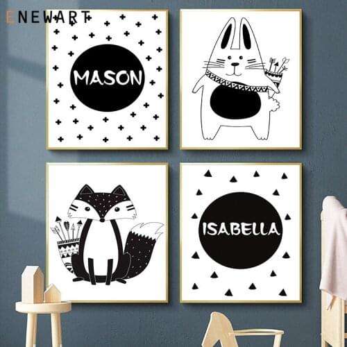 Black White Custom Name Poster Wall Picture Cartoon Rabbit Nursery Canvas Art Minimalist Print Painting Nordic Kid Bedroom Decor
