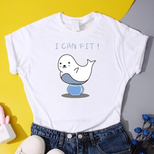 Kawaii Dolphin Printed T shirts I Can Fit Sea Women T-Shirts 2021 Summer Comfy Cotton T Shirts Urban Trend Tops Short Sleeve