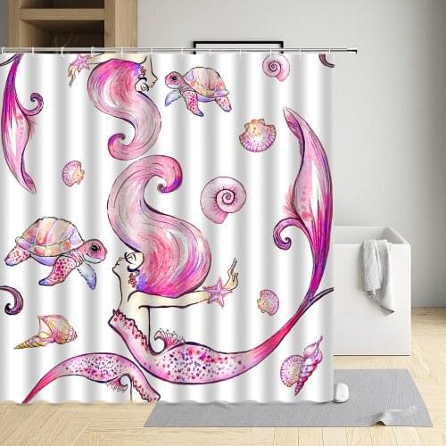 Cartoons Marine Life Creative Shower Curtain Pink Sea Turtle Mermaid Starfish Washable Cloth Bathtub Bathroom Decor Bath Screen