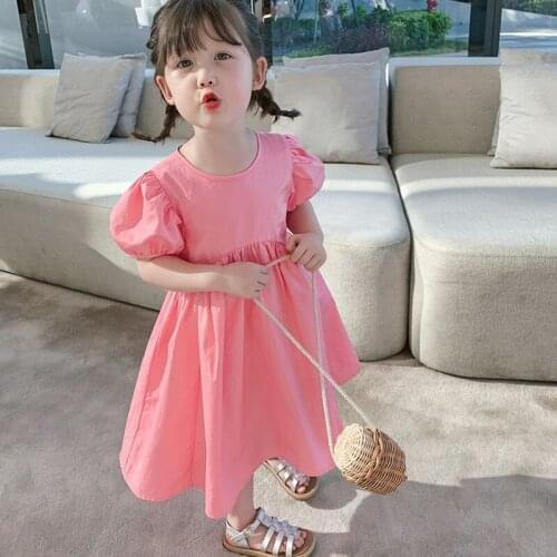 Summer Girls' Dress Puff Sleeve Vestidos Round Neck Sweet Princess Dress Korean Outfits Baby Kids ChildrenS Clothing For Girl