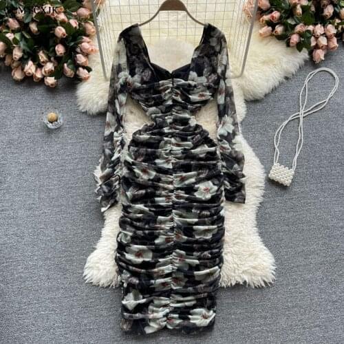 Summer Womens Dress 2021 Folds Show Waist And Hips Vintage Print Party Dress Woman Harajuku Long Sleeve Casual Womens Dresses