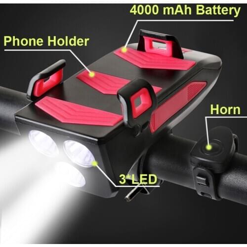 Multi-function 4 in 1 4000 mAh Bicycle Light USB Rechargeable LED Bike Headlight Bike Horn Phone Holder Power Bank Cycling Light