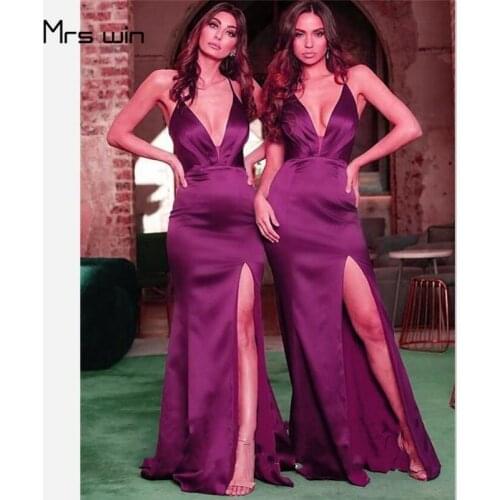 Mrs win Evening Dresses Plus Size For Women Long Spaghetti Strap Party Dresses HR229 V-neck Sling Split Long Vestido Madrinha