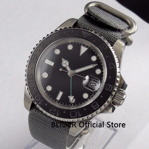 40mm Nologo Dial Mens Watch Black Ceramic Bezel Luminous GMT Function Sapphire Nylon Strap Automatic Movement Wristwatch