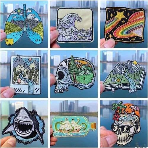 New Embroidered Skull/Landscape Patches Iron-On Transfers For Clothing DIY T-Shirts Patches Fantasy Adventure Embroidery Patch