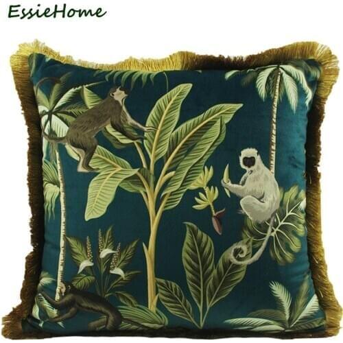 ESSIE HOME Tropical Plants Palm Leaves Animal Pattern Monkey Digital Print Velvet Cushion Cover Pillow Case With Gold Tassel
