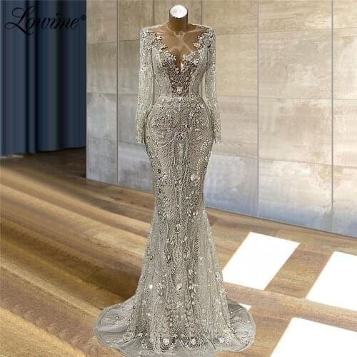 2021 Newest Customized Silver Evening Dresses See Through Long Sleeves With Beaded Muslim Dubai Party Gowns Robes Prom Dress