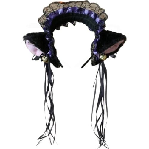 Women Ruffles Lace Headband Plush Cat Ears Ribbon Bell Lolita Cosplay Hair Hoop 23GE