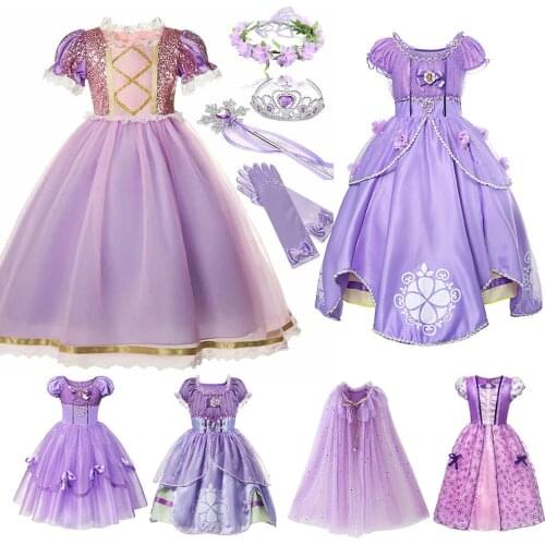 Girls Princess Sofia Dress Cosplay Costume Kids Sequins Layered Deluxe Gown Child Carnival Halloween Party Fancy Dress up Sophia