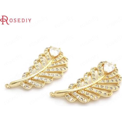 37388)2PCS 28x12MM 24K Gold Color Brass and Zircon Feather Charms Pendants High Quality Jewelry Making Supplies Diy Accessories