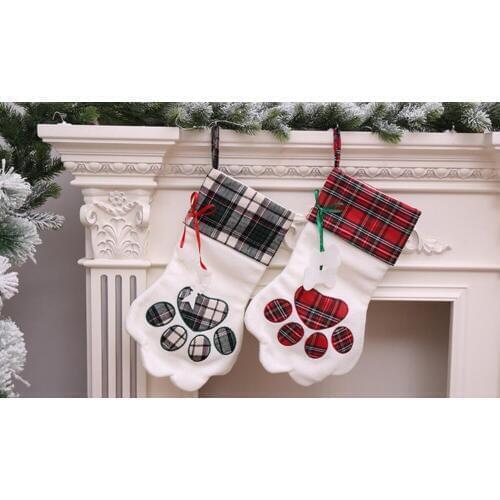 Plaid Paw Stocking Christmas Gift Bags Burlap Christmas Stockings Wholesale 300pcs/lot Plaid Dog Paw Xmas Sock Fast Shipping