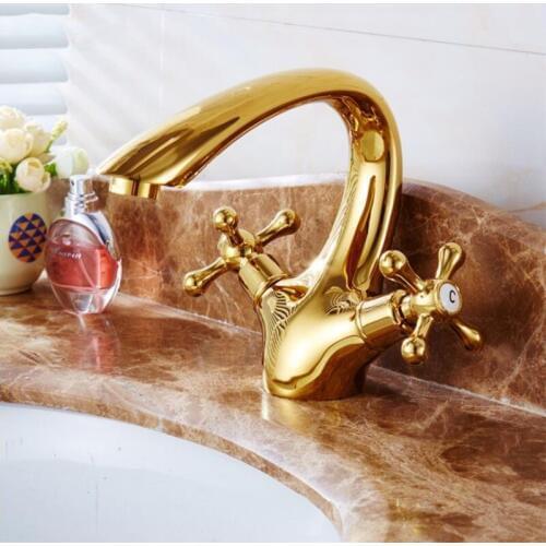 Basin Faucet Water Tap Bathroom Faucet Solid Gold Faucets Double Handle Water Sink Tap Hot and Cold Mixer