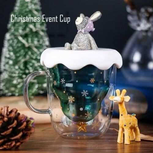 Glass Water Bottle BPA Free Double-Layer Insulated Christmas Funny Cartoon Mug Made Of High Borosilicate With Handle
