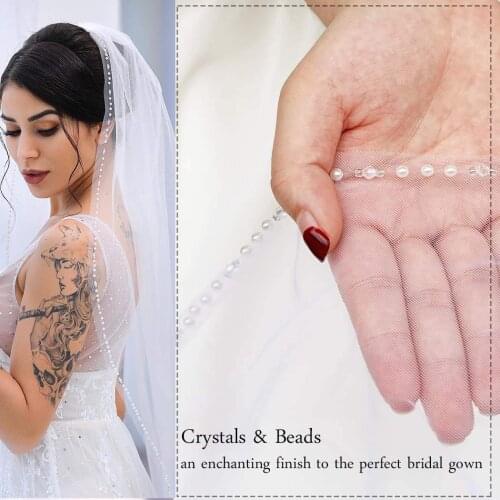 Beaded Edge Wedding Veil Fingertip Crystal Pearl Edge Veil Bridal Veil with Metal Comb Hand Made