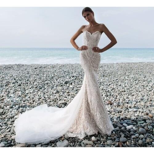 Sexy Spaghetti Strap Mermaid Wedding Dresses Appiques Backless Hollow Beading Court Train Sleeveless Trumpet Vestidos De Novia