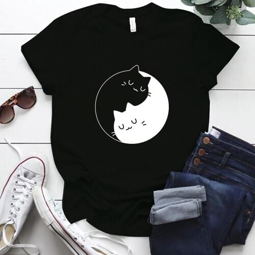 S-5xl Plus Size Yin Yang Cat Print Oversized T Shirt for Women Summer Clothes Tops Harajuku O-neck Woman Tshirts Ropa De Mujer