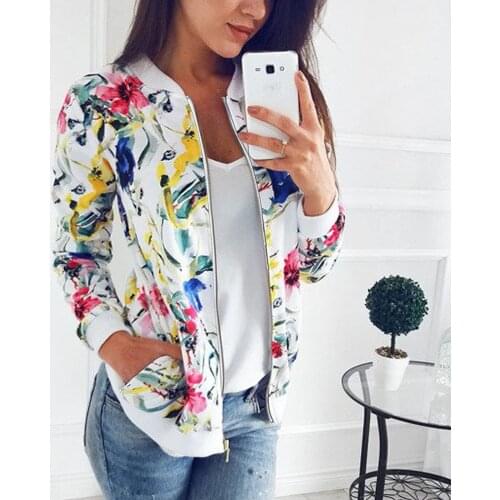 Autumn Plus Size Floral Printed Bomber Jacket Women Pockets Zipper Long Sleeve Coat Female Flower White Casual Jacket Woman 4