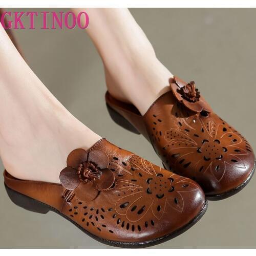 GKTINOO 2021 New Summer Sandals Handmade Genuine Leather Women Slippers Retro Shoes Flower Flat Summer Sandals