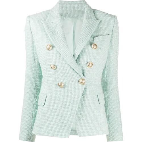 HIGH STREET Newest 2021 Designer Jacket Womens Classic Metal Buttons Double Breasted Tweed Blazer Mint Green