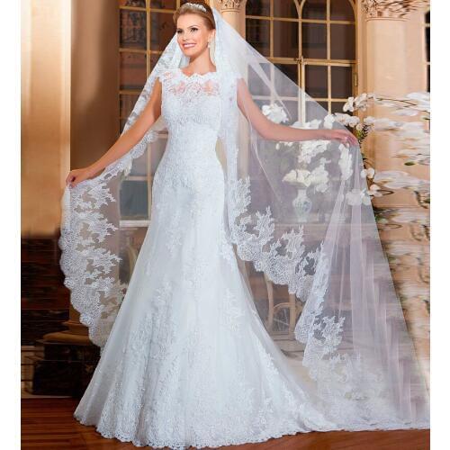 Vestido de noiva com manga curta Gelinlik 2016 New A line Scoop Cap Sleeve Bridal Dresses Cheap White Lace Wedding Dresses