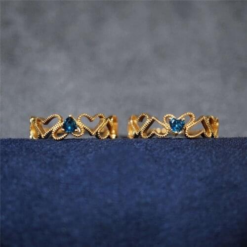 Gold 100% 925 Sterling Silver Rings For Women Natural blue topaz hollow heart Fine Jewelry Open Ring Student Female Gift