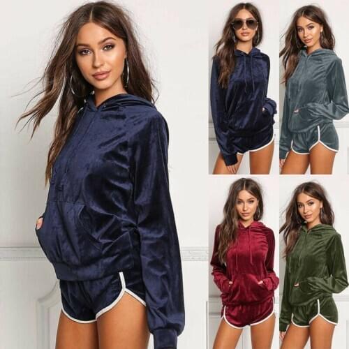 2Pcs Women Velvet Tracksuit Hoodies Sweatshirt Pants Sets Sport Wear Casual Suit