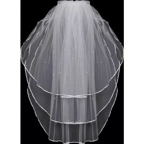 3 Layers Women Bridal White Wedding Tulle Veil Ribbon Edge Faux Pearl Beaded Embellishment Center Cascade Marriage With Big Comb