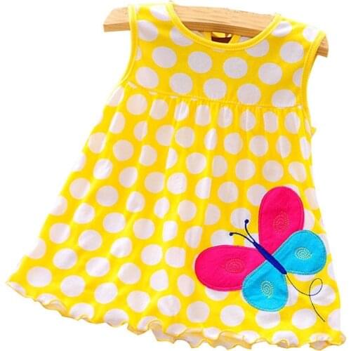 Baby Pink Cotton Butterfly Dress Sleeveless Polka Dot Printed T-Shirt Dress 1 Year Party Princess Clothes for Baby Girls 3-18M