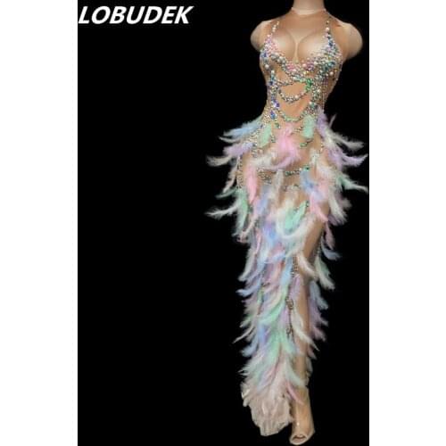Colorful Crystals Sequins Pearls Feathers Slit Long Dress Sexy Stage Outfit Dress Prom Birthday Celebrate Singer Dancer Costume