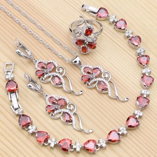 925 Silver Jewelry Sets for Bride Wedding Accessories Red Cubic Zirconia Ring Bracelet Necklace Pendant Earrings Jewelry Kit