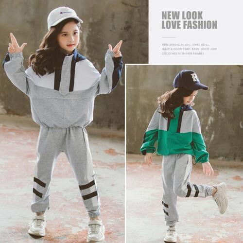 Hot Sale Girls Panelled Spliced Clothing Set Spring Fall Childrens Loose Sports Suit Kids Hoodies Sweatshirt + Pants 2 Pcs P165