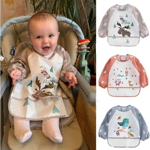 Cartoon Baby Bibs Kids Toddler Long Sleeve Apron Waterproof Art Smock Infant Boy Girl Feeding Bib With Pocket