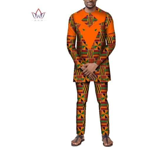 2021 New African Ankara Print Mens Suit Tailor Made Long Patchwork Top+Full Length Pants Ankara Casual Cotton for Men WYN1163